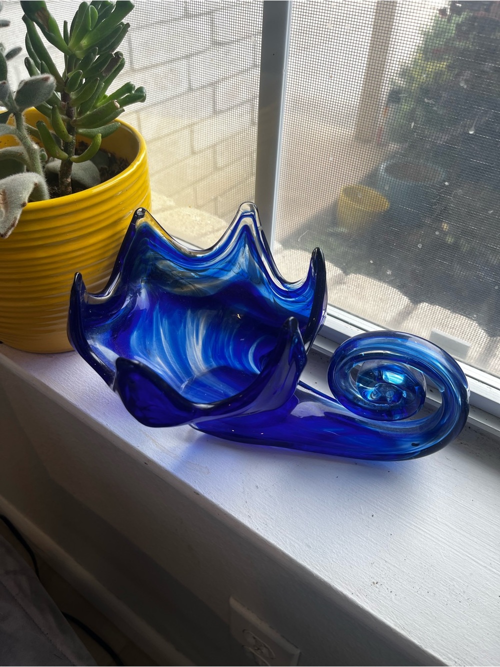 Cobalt Blue Handblown Glass Art Bowl with Swirl Accent